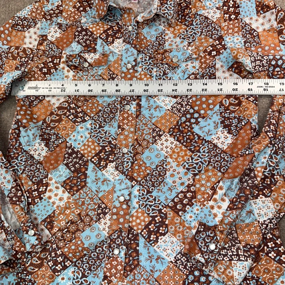 Panhandle Slim Womens XL Patchwork Floral Paisley Western Pearl Snap Shirt Blue